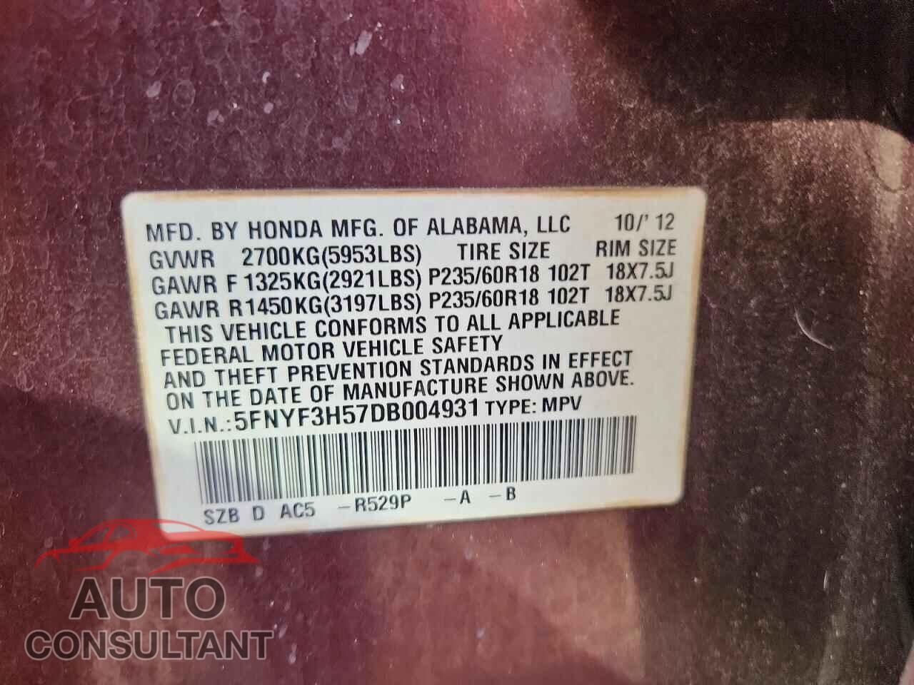 HONDA PILOT 2013 - 5FNYF3H57DB004931