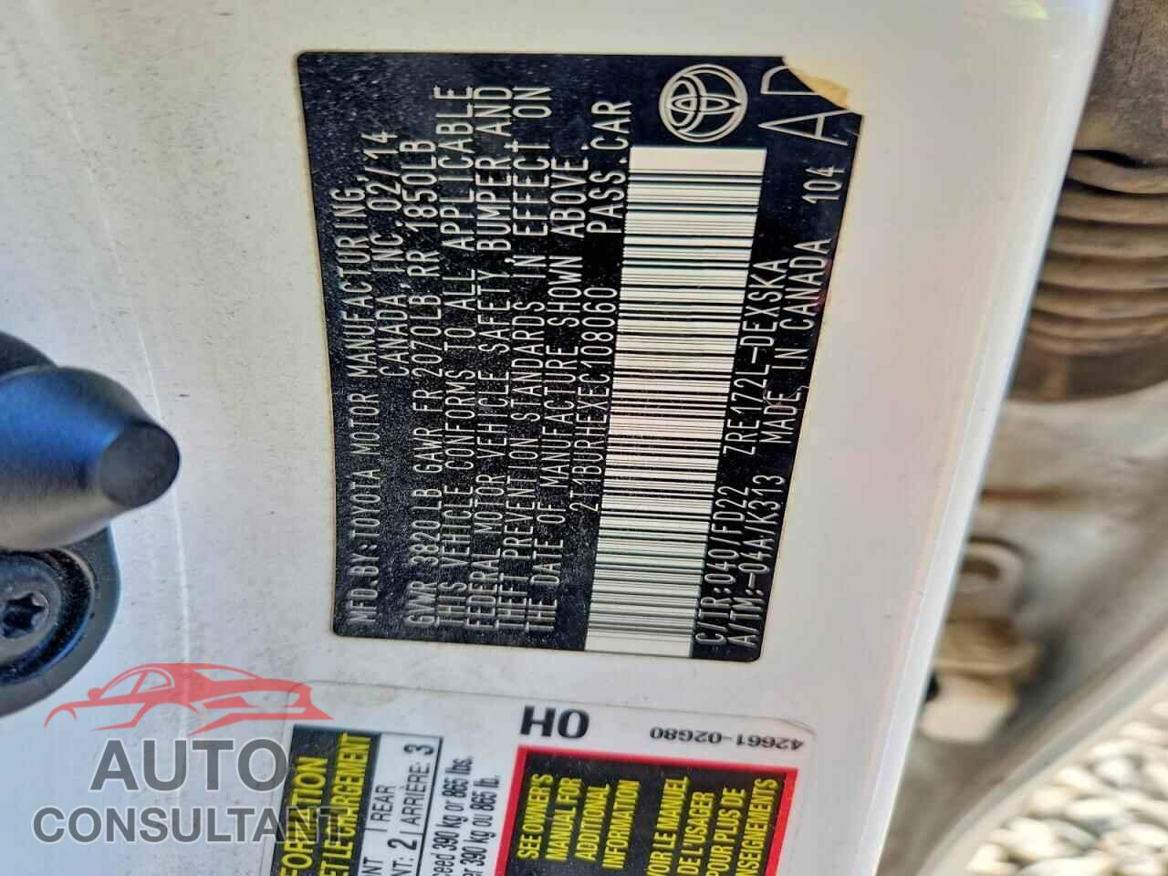 TOYOTA COROLLA 2014 - 2T1BURHEXEC108060