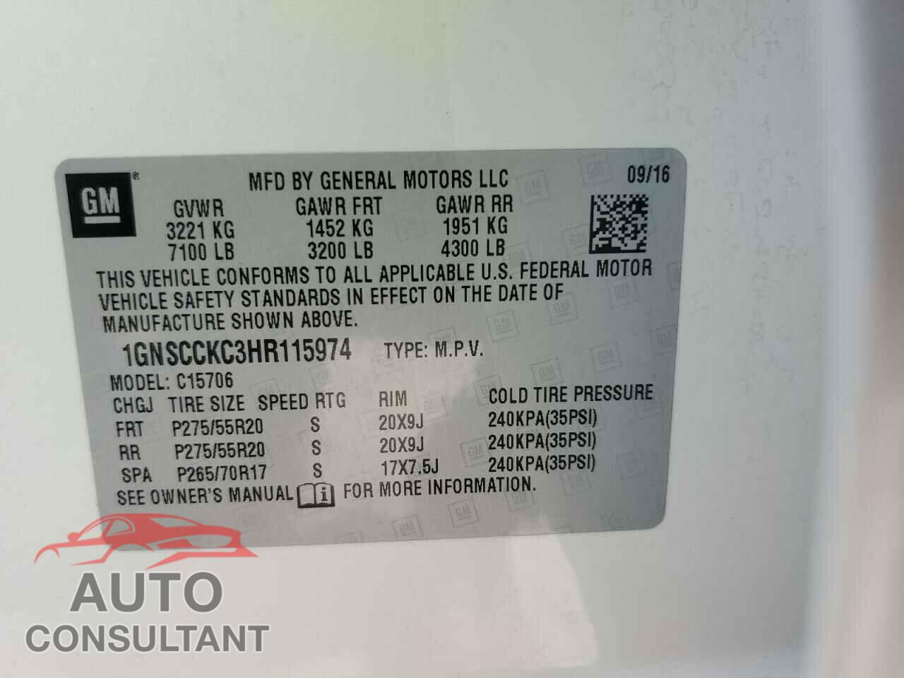 CHEVROLET TAHOE 2017 - 1GNSCCKC3HR115974