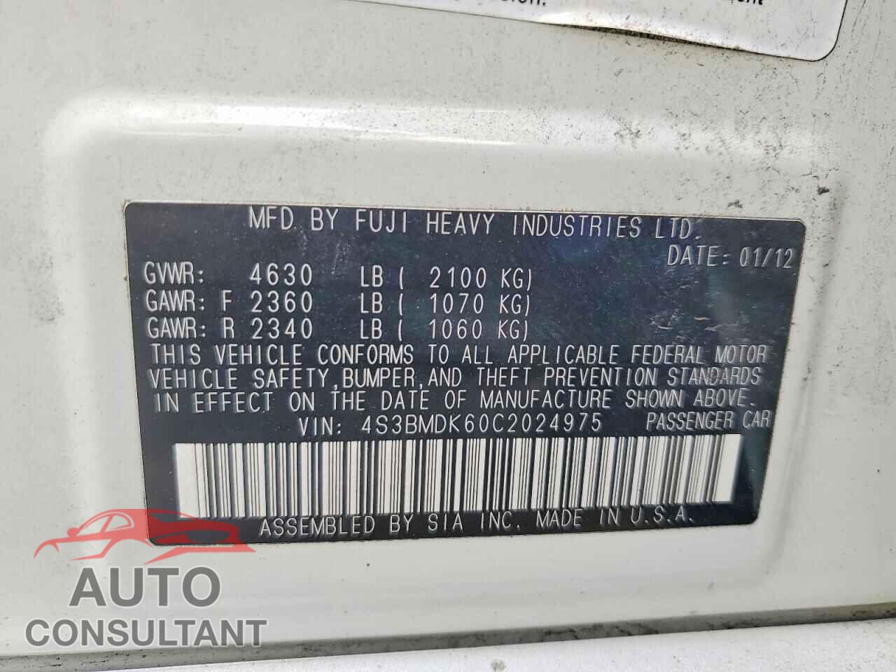 SUBARU LEGACY 2012 - 4S3BMDK60C2024975