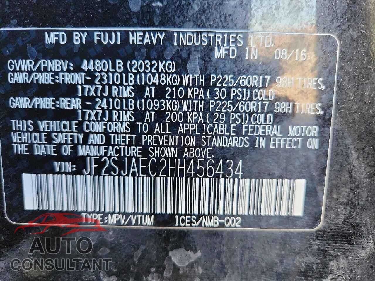 SUBARU FORESTER 2017 - JF2SJAEC2HH456434