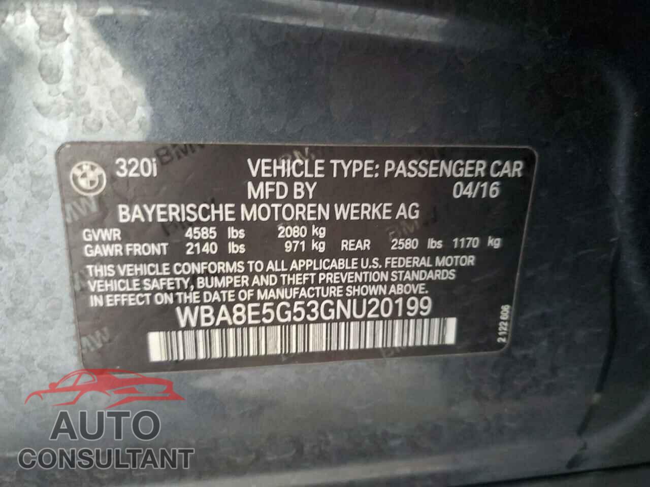 BMW 3 SERIES 2016 - WBA8E5G53GNU20199