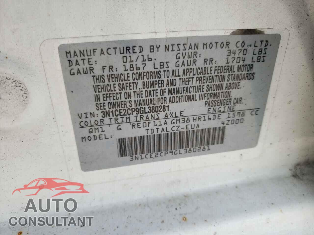 NISSAN VERSA 2016 - 3N1CE2CP9GL380281