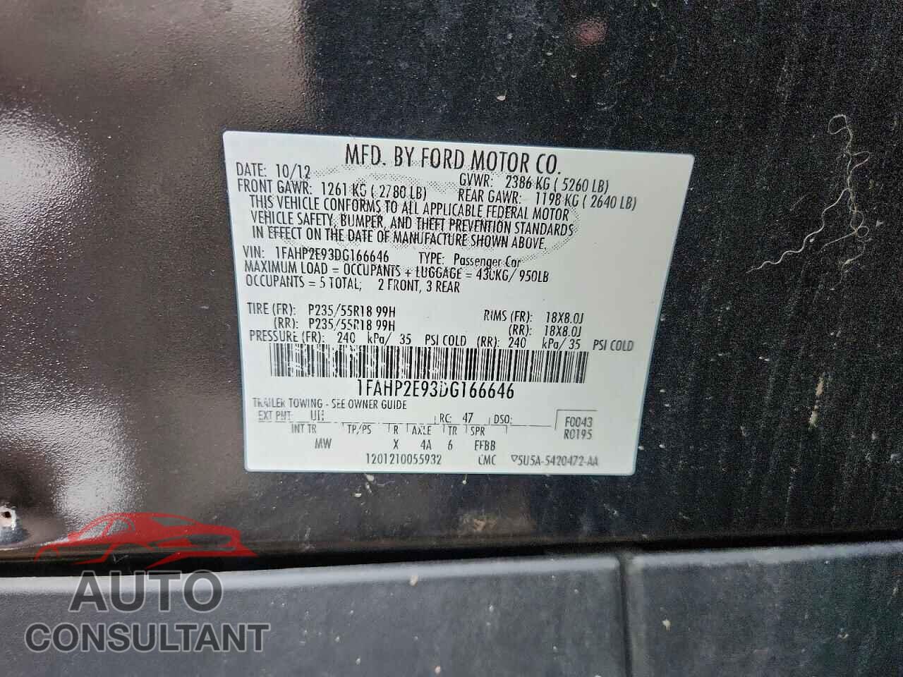 FORD TAURUS 2013 - 1FAHP2E93DG166646