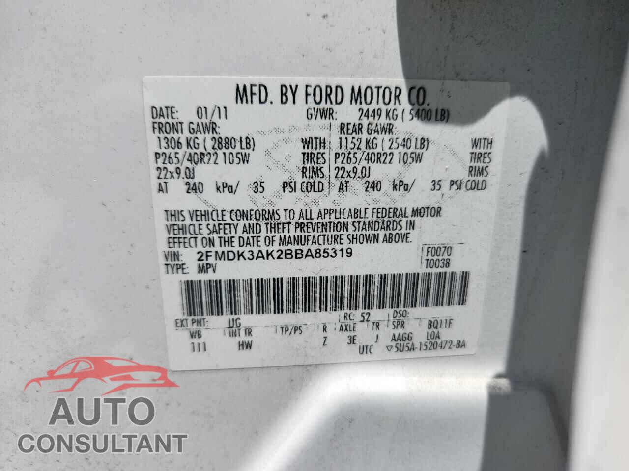 FORD EDGE 2011 - 2FMDK3AK2BBA85319
