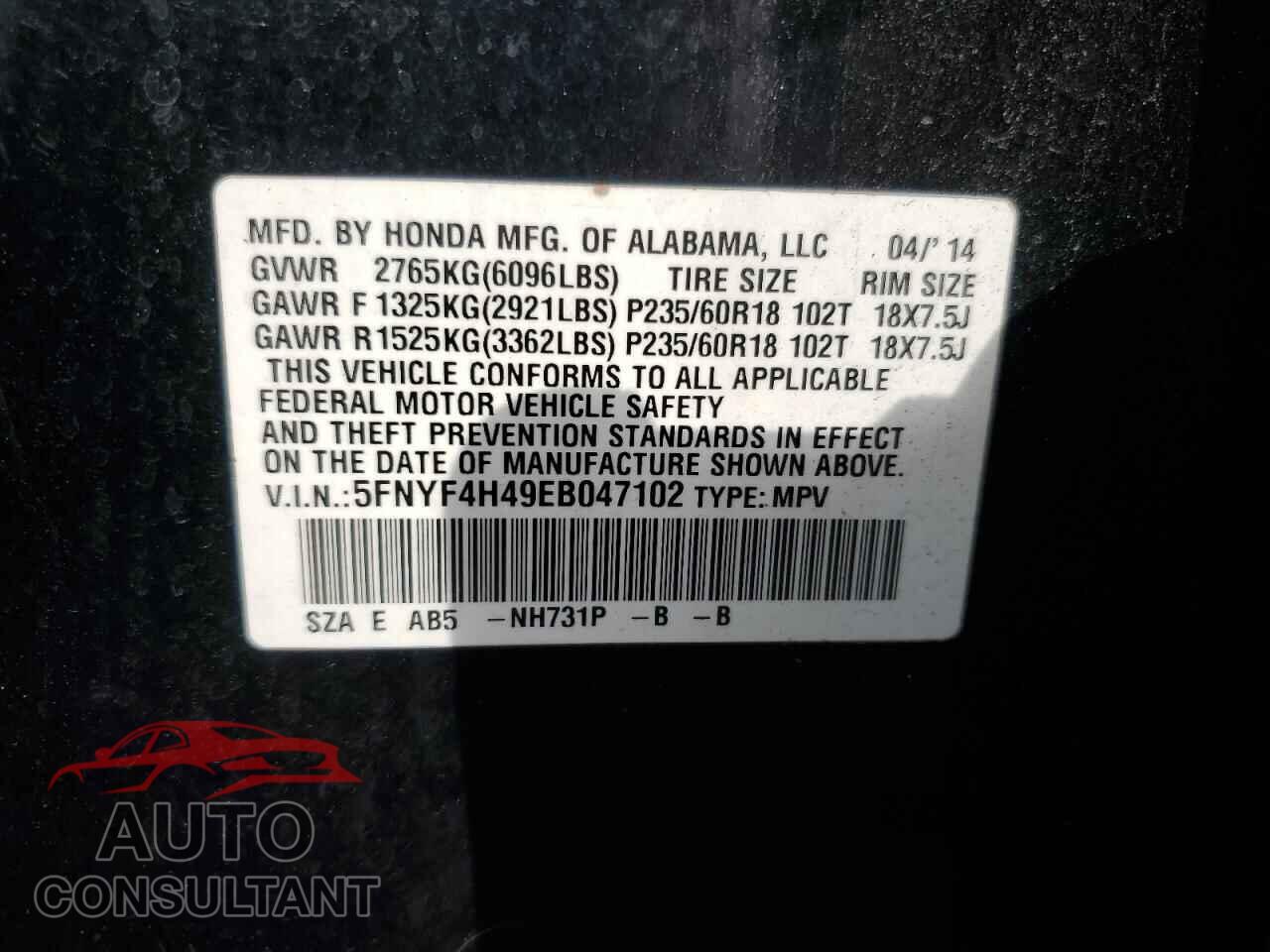 HONDA PILOT 2014 - 5FNYF4H49EB047102