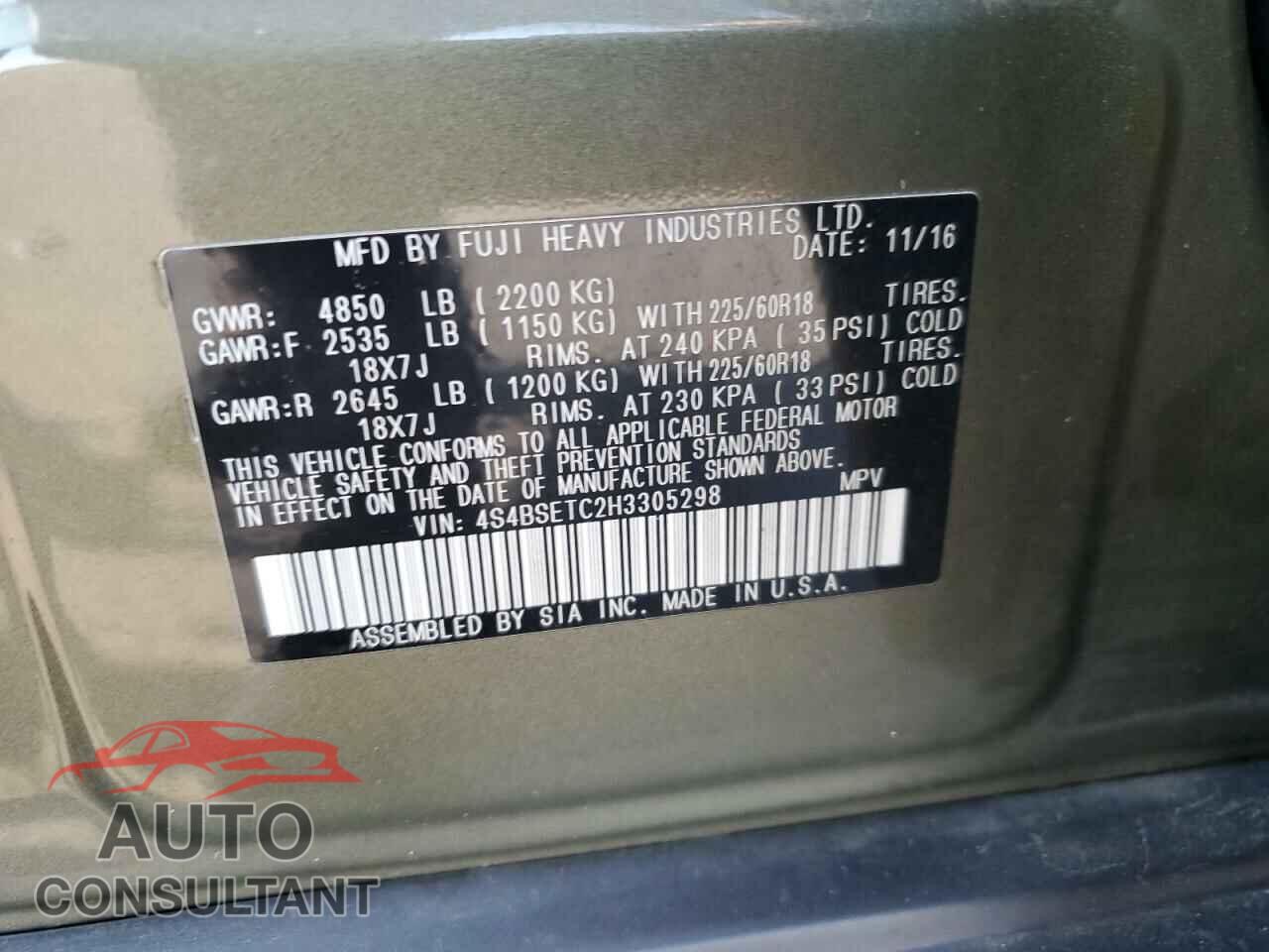 SUBARU OUTBACK 2017 - 4S4BSETC2H3305298