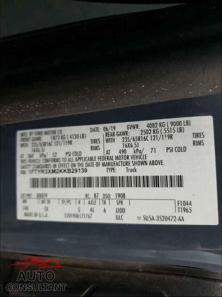 FORD TRANSIT CO 2019 - 1FTYR3XM2KKB29139