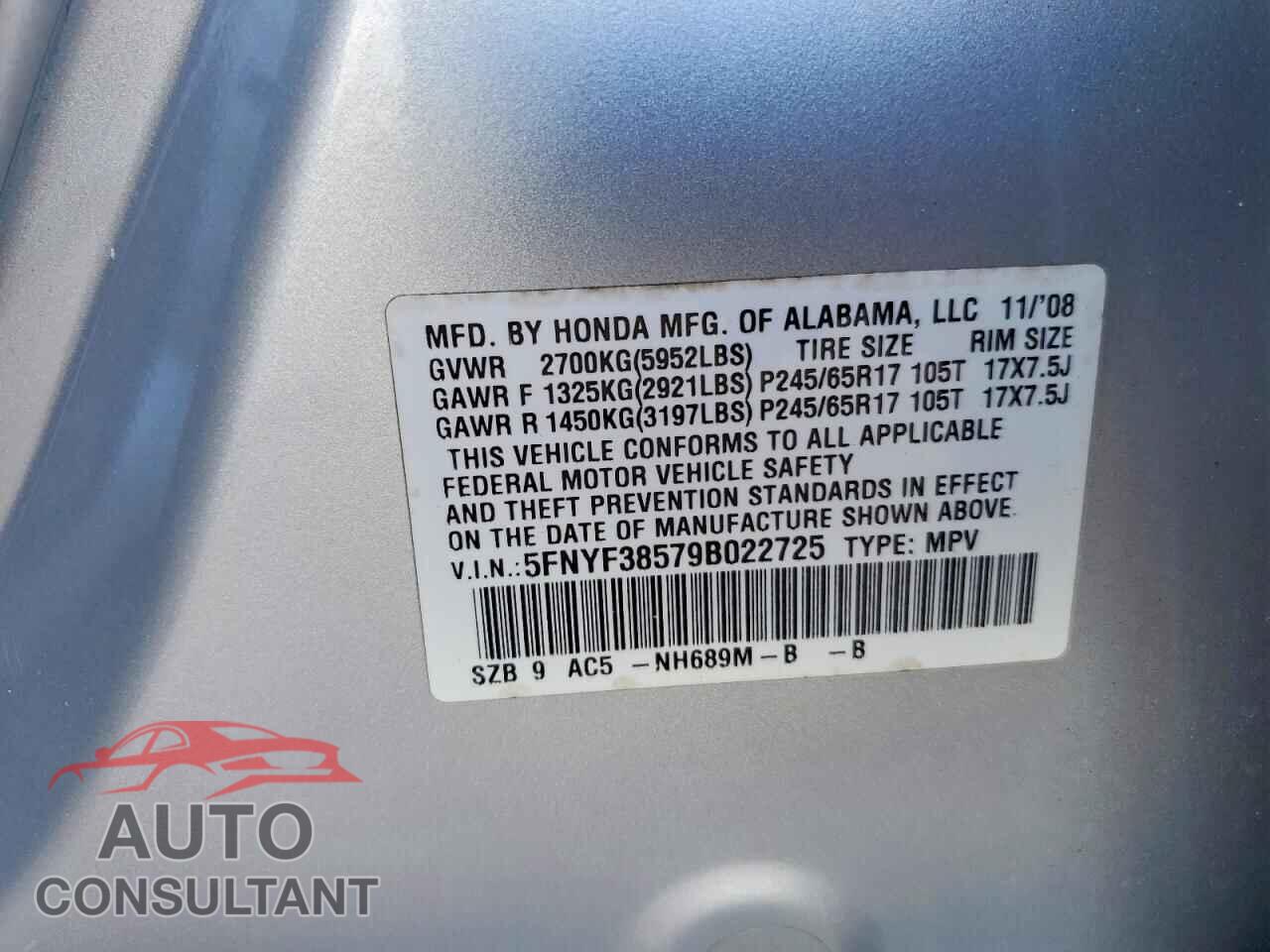 HONDA PILOT 2009 - 5FNYF38579B022725