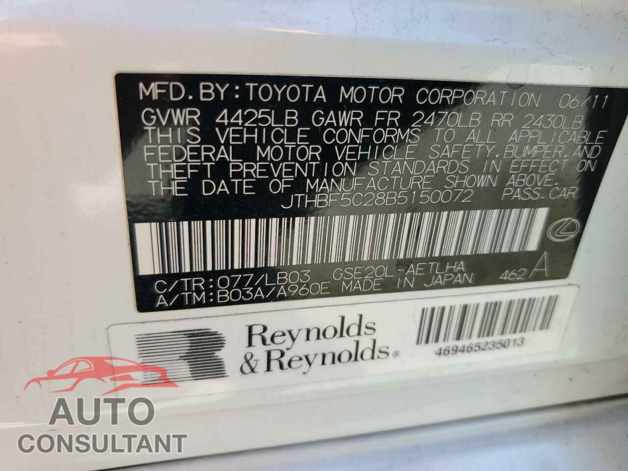 LEXUS IS 2011 - JTHBF5C28B5150072