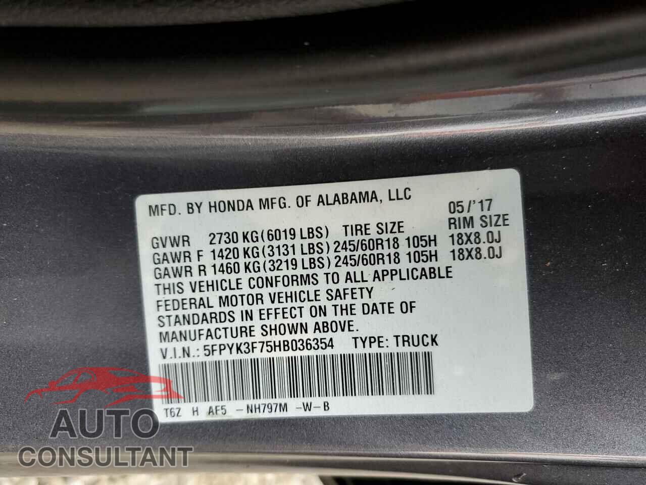 HONDA RIDGELINE 2017 - 5FPYK3F75HB036354