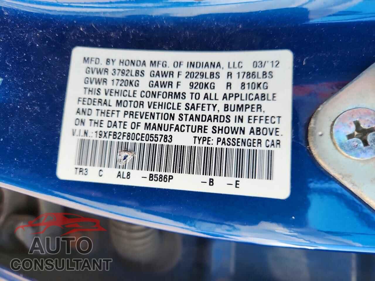 HONDA CIVIC 2012 - 19XFB2F80CE055783