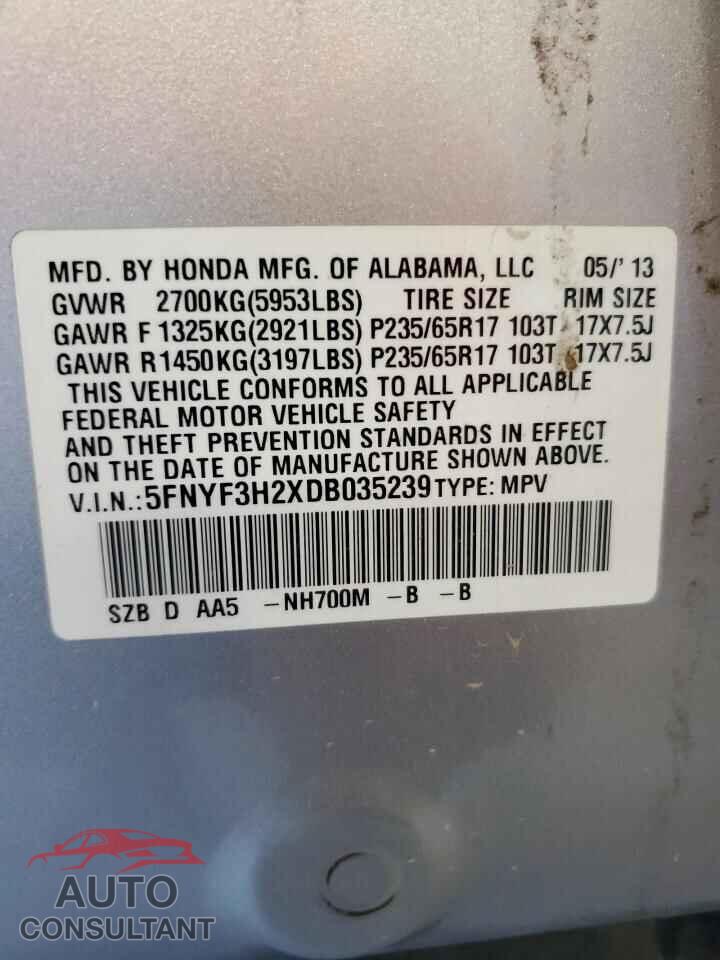HONDA PILOT 2013 - 5FNYF3H2XDB035239