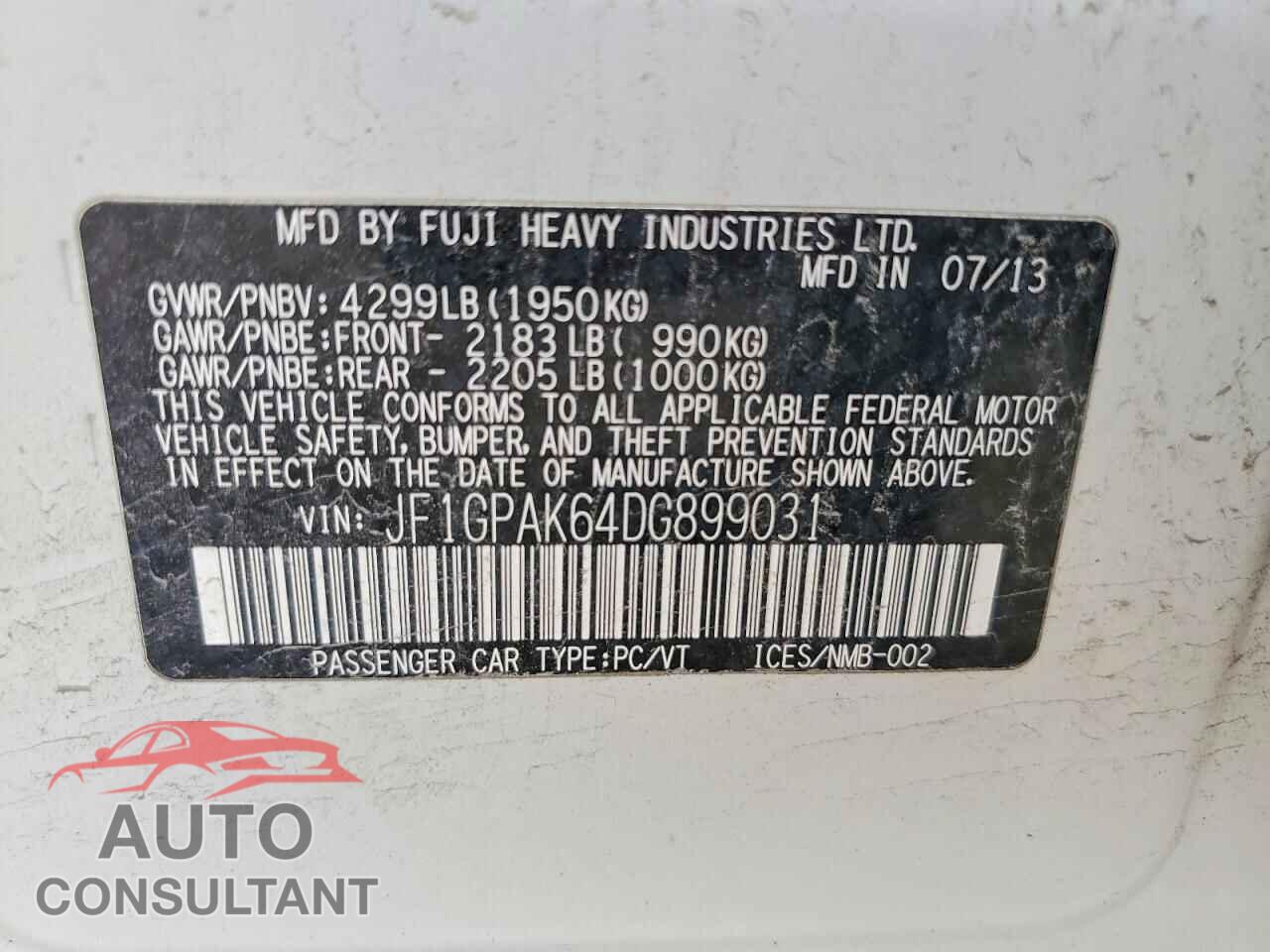 SUBARU IMPREZA 2013 - JF1GPAK64DG899031