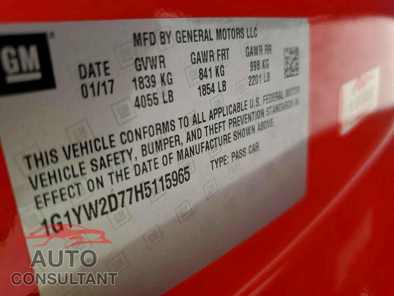 CHEVROLET CORVETTE 2017 - 1G1YW2D77H5115965