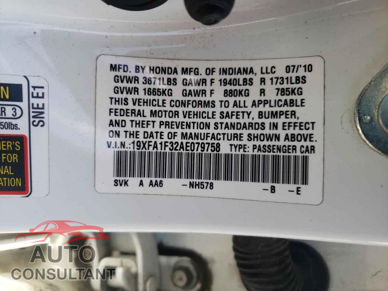 HONDA CIVIC 2010 - 19XFA1F32AE079758