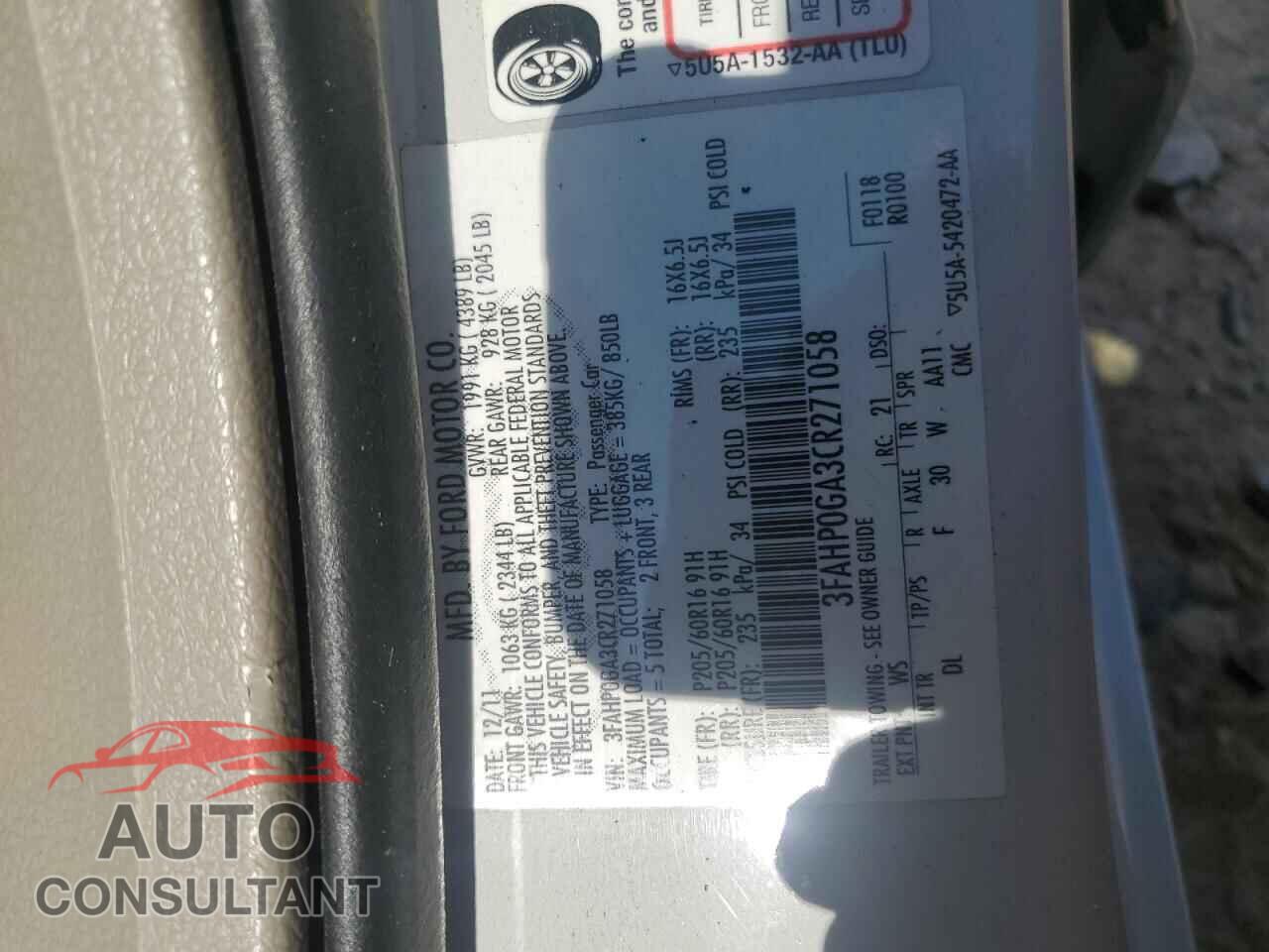 FORD FUSION 2012 - 3FAHP0GA3CR271058