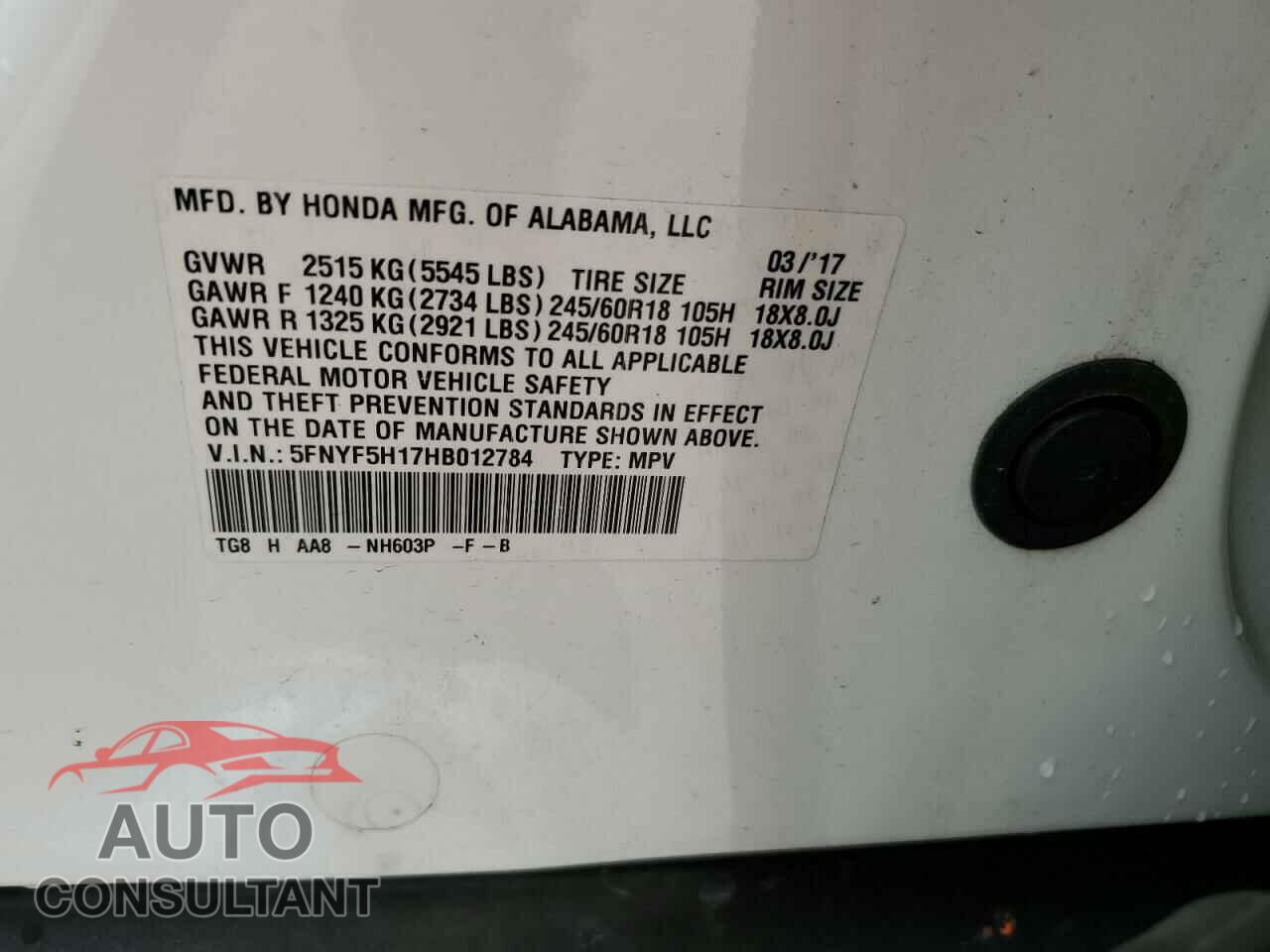 HONDA PILOT 2017 - 5FNYF5H17HB012784