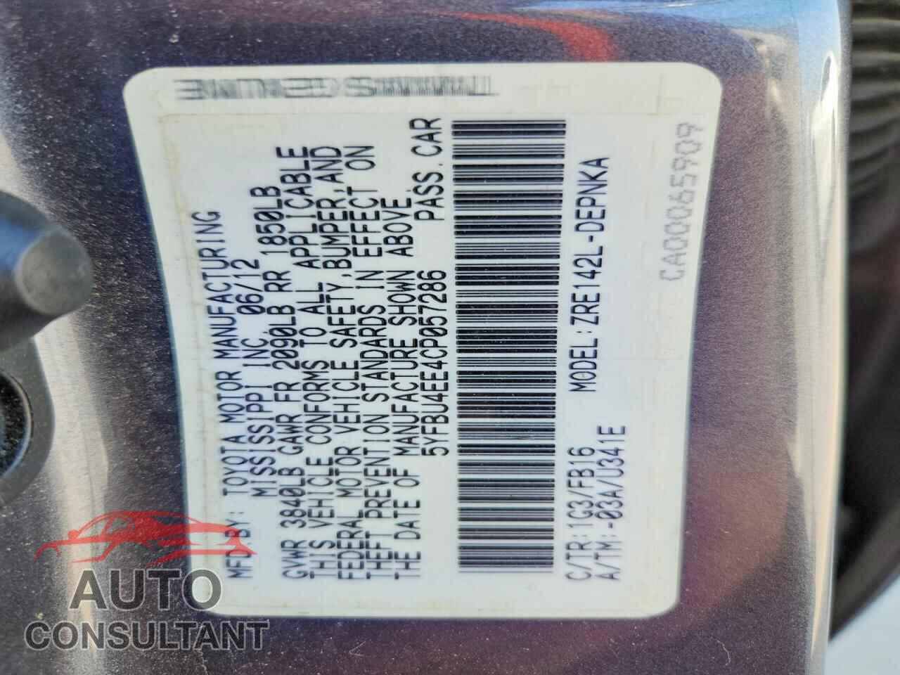 TOYOTA COROLLA 2012 - 5YFBU4EE4CP057286