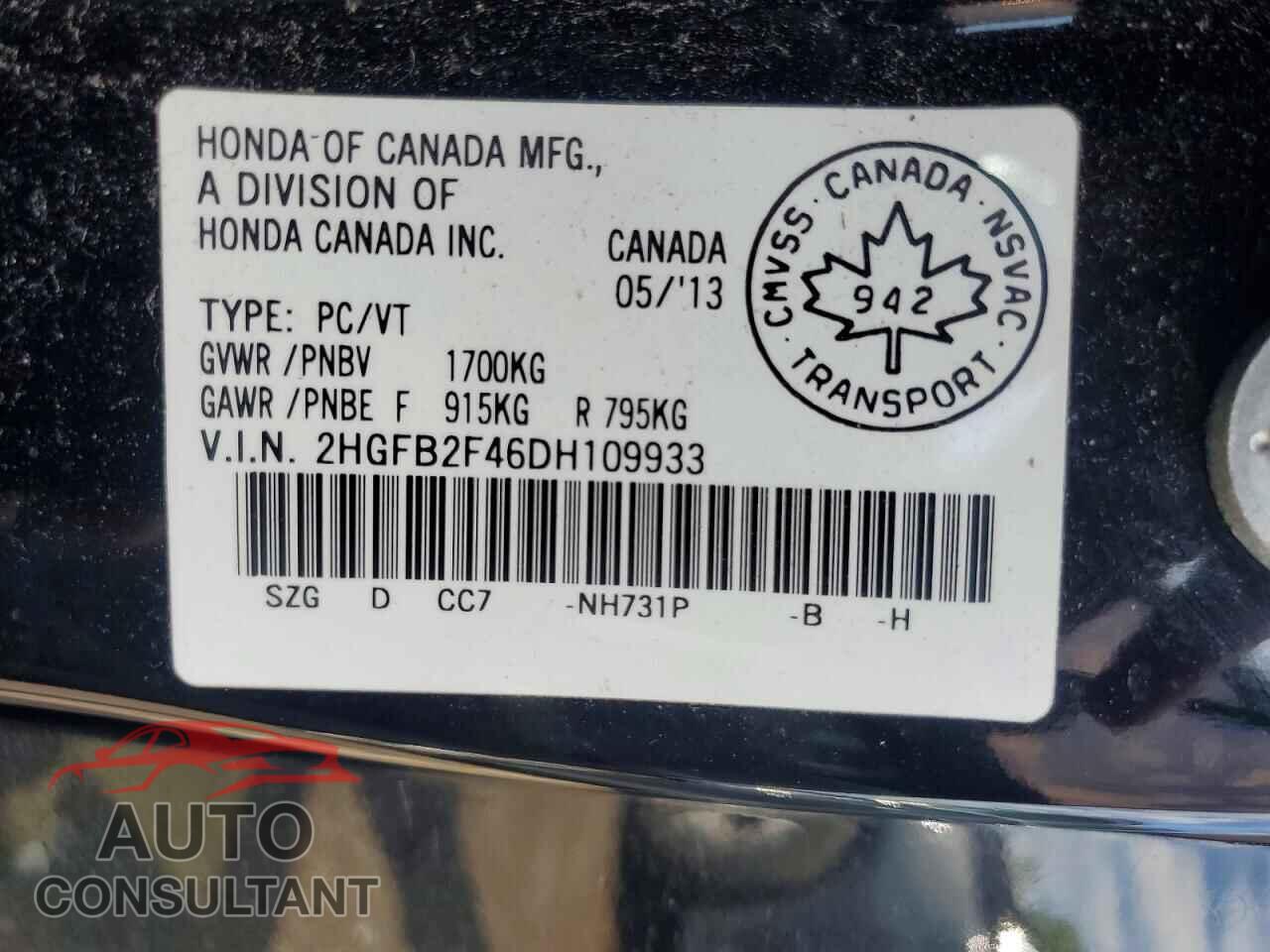 HONDA CIVIC 2013 - 2HGFB2F46DH109933