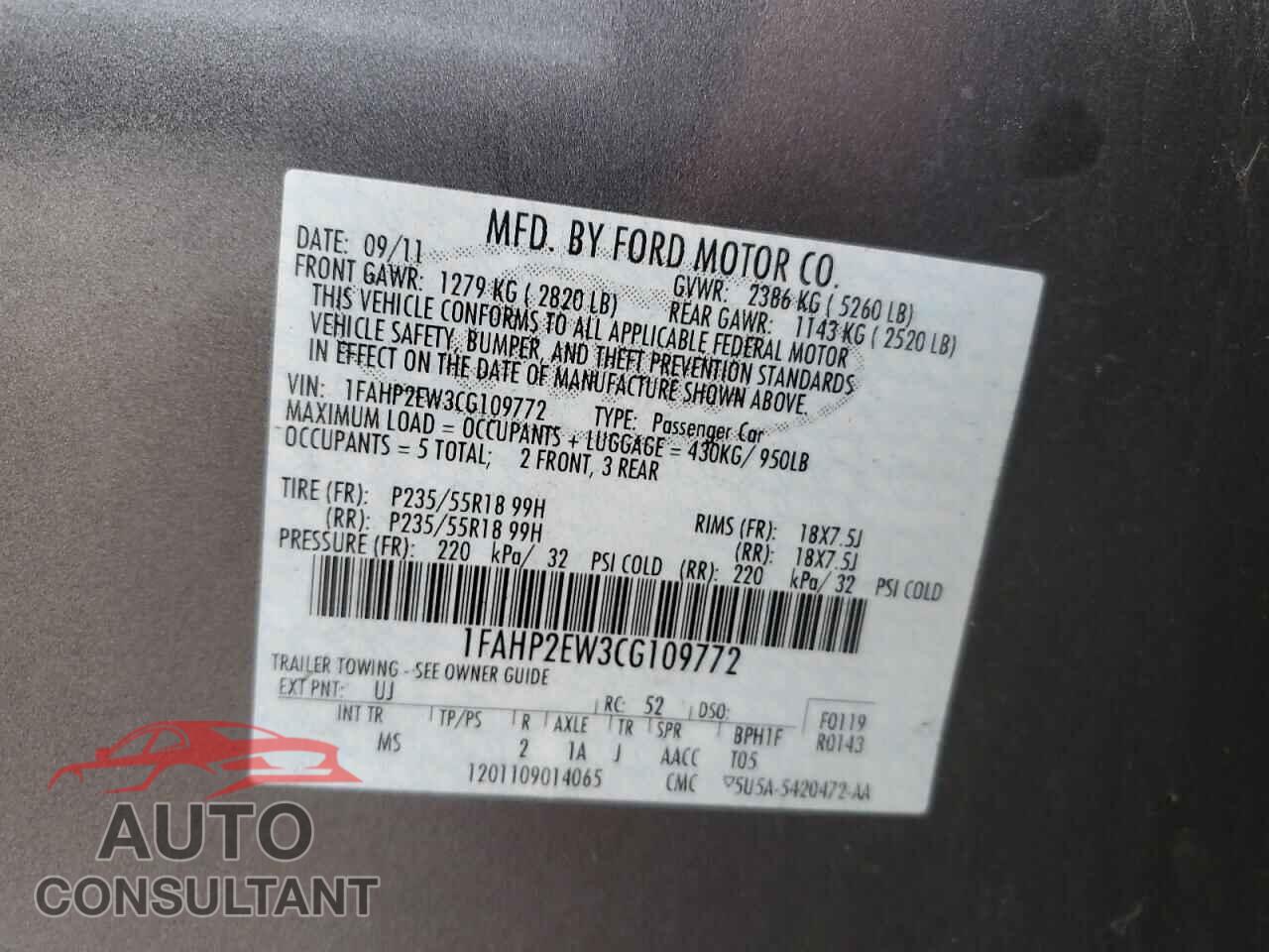 FORD TAURUS 2012 - 1FAHP2EW3CG109772