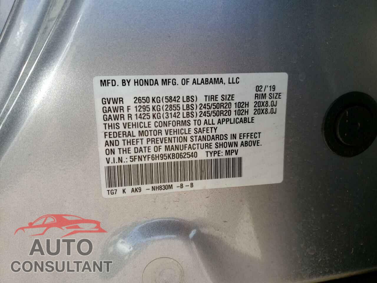 HONDA PILOT 2019 - 5FNYF6H95KB062540