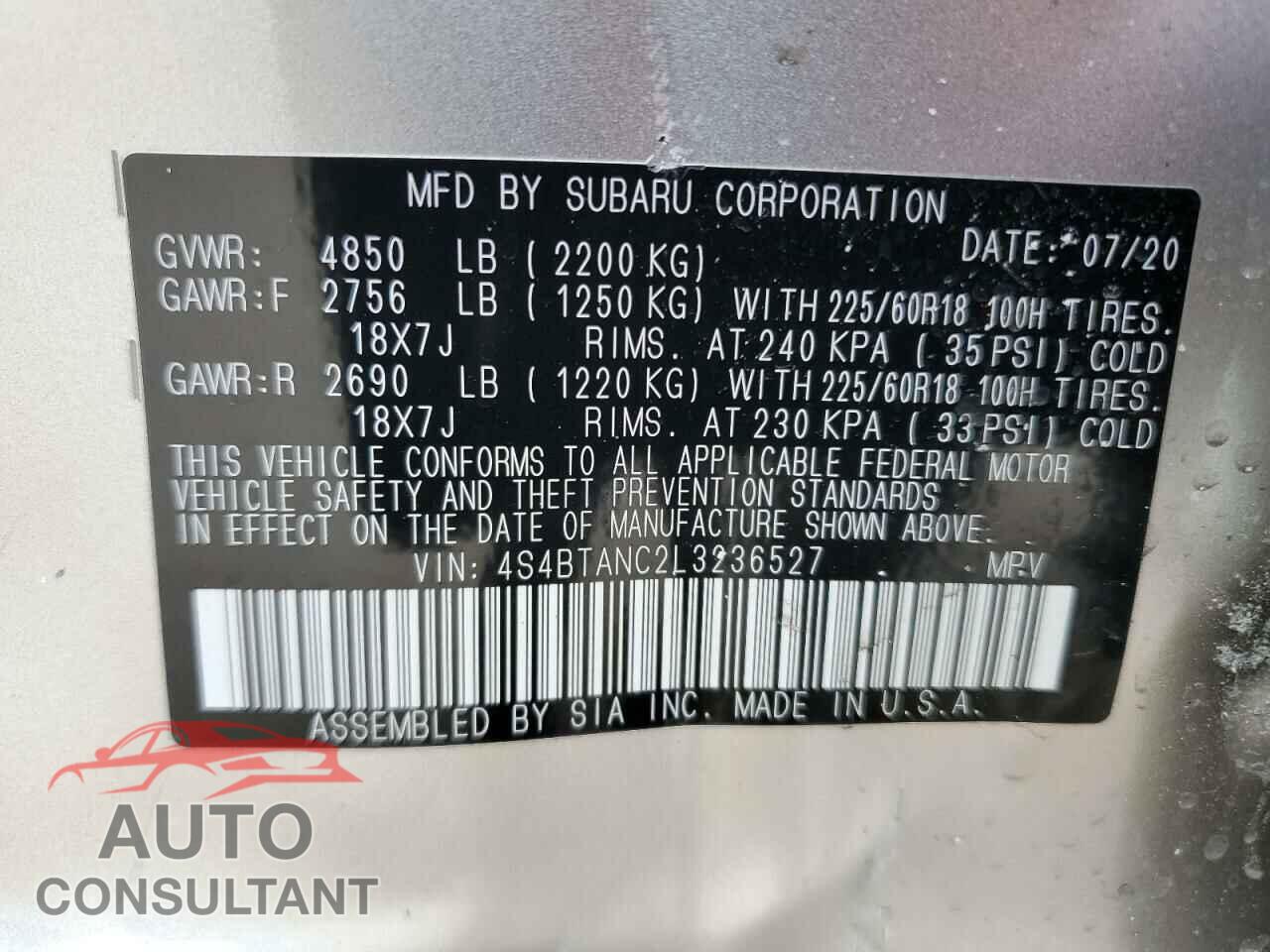 SUBARU OUTBACK 2020 - 4S4BTANC2L3236527