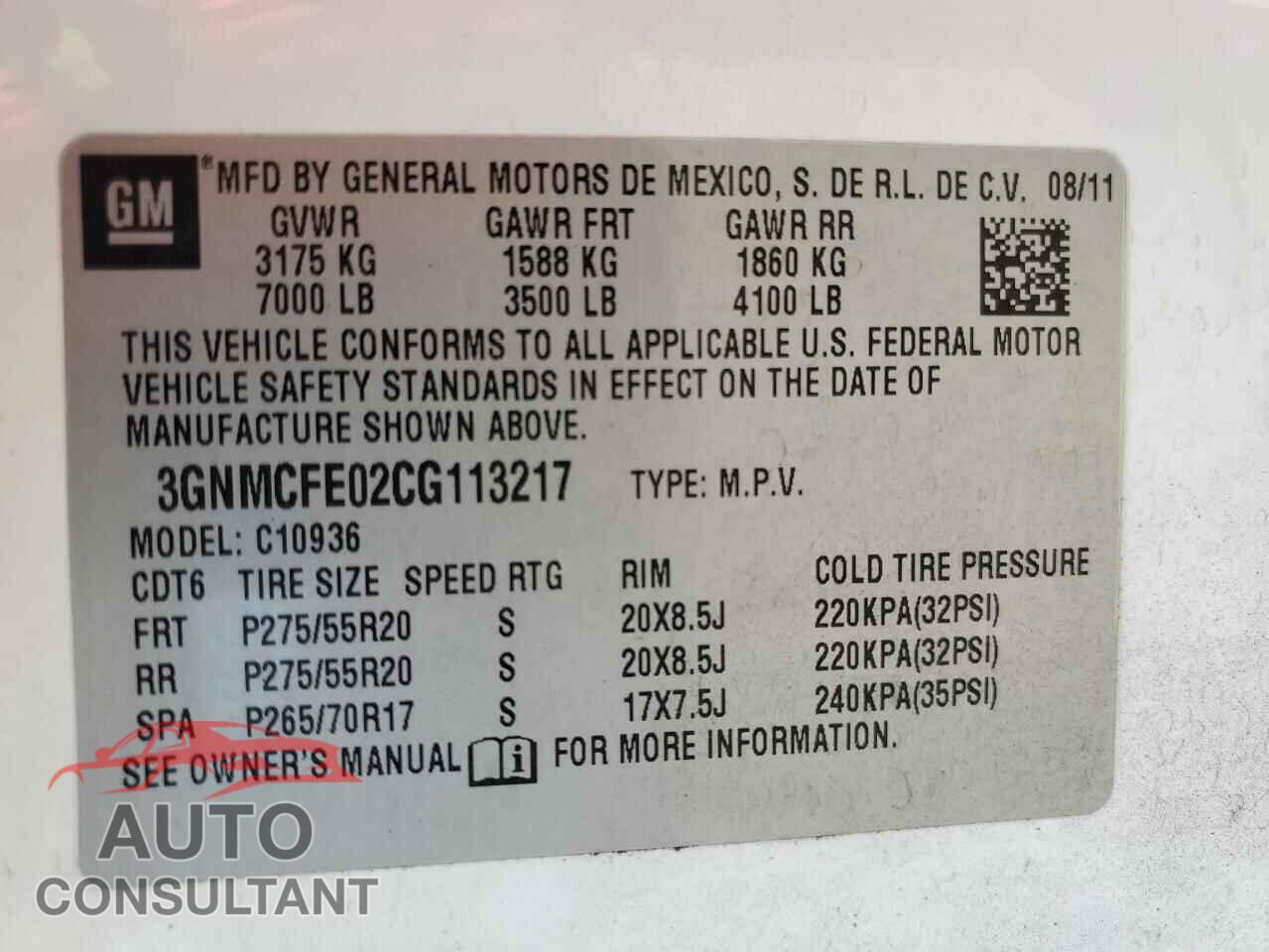 CHEVROLET AVALANCHE 2012 - 3GNMCFE02CG113217