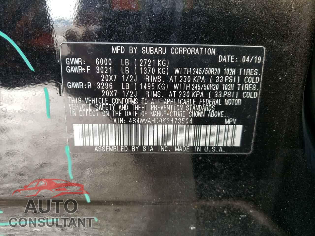 SUBARU ASCENT 2019 - 4S4WMAHD0K3473504