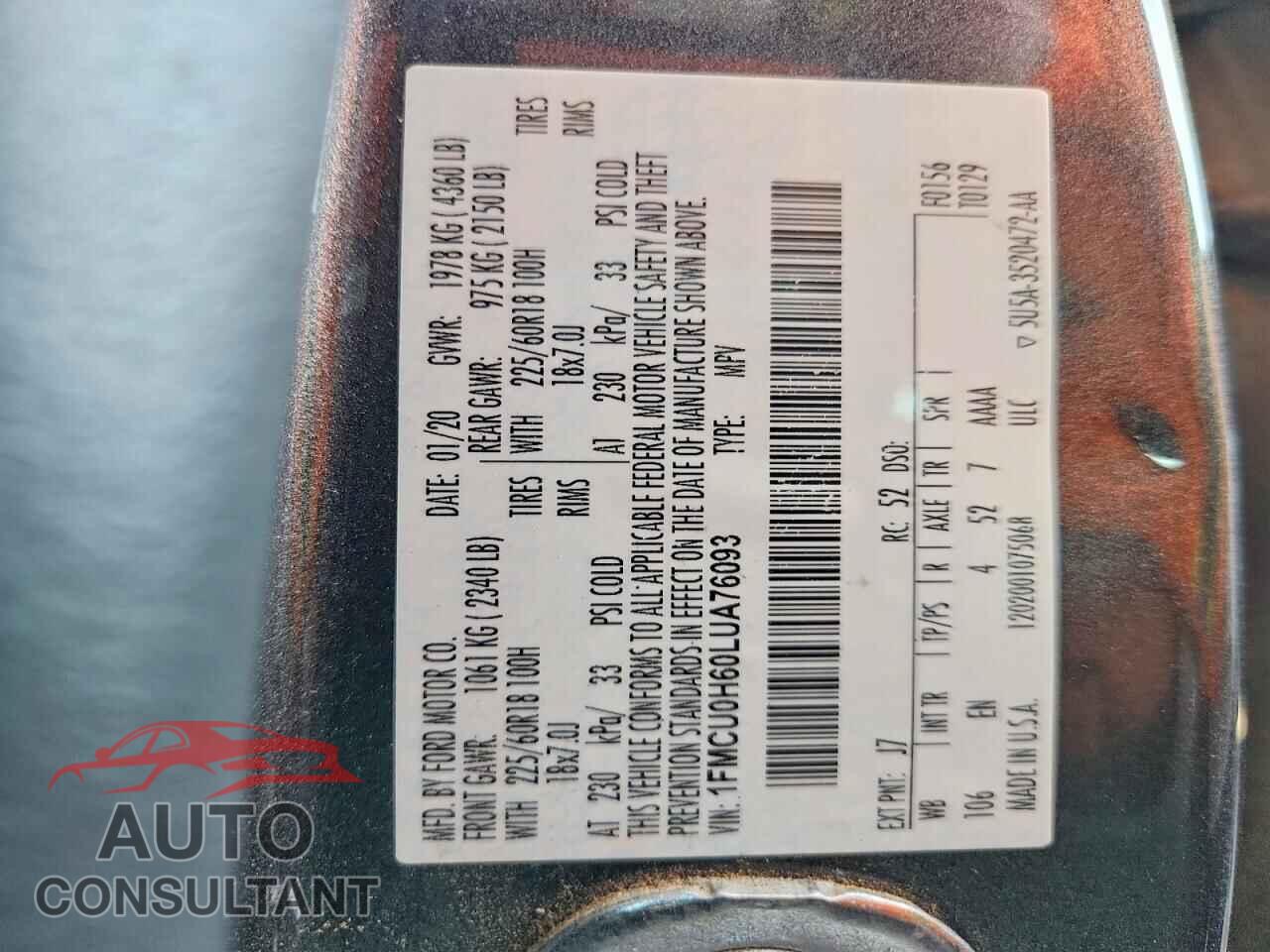 FORD ESCAPE 2020 - 1FMCU0H60LUA76093
