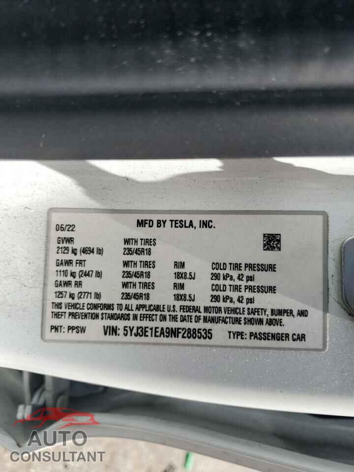 TESLA MODEL 3 2022 - 5YJ3E1EA9NF288535