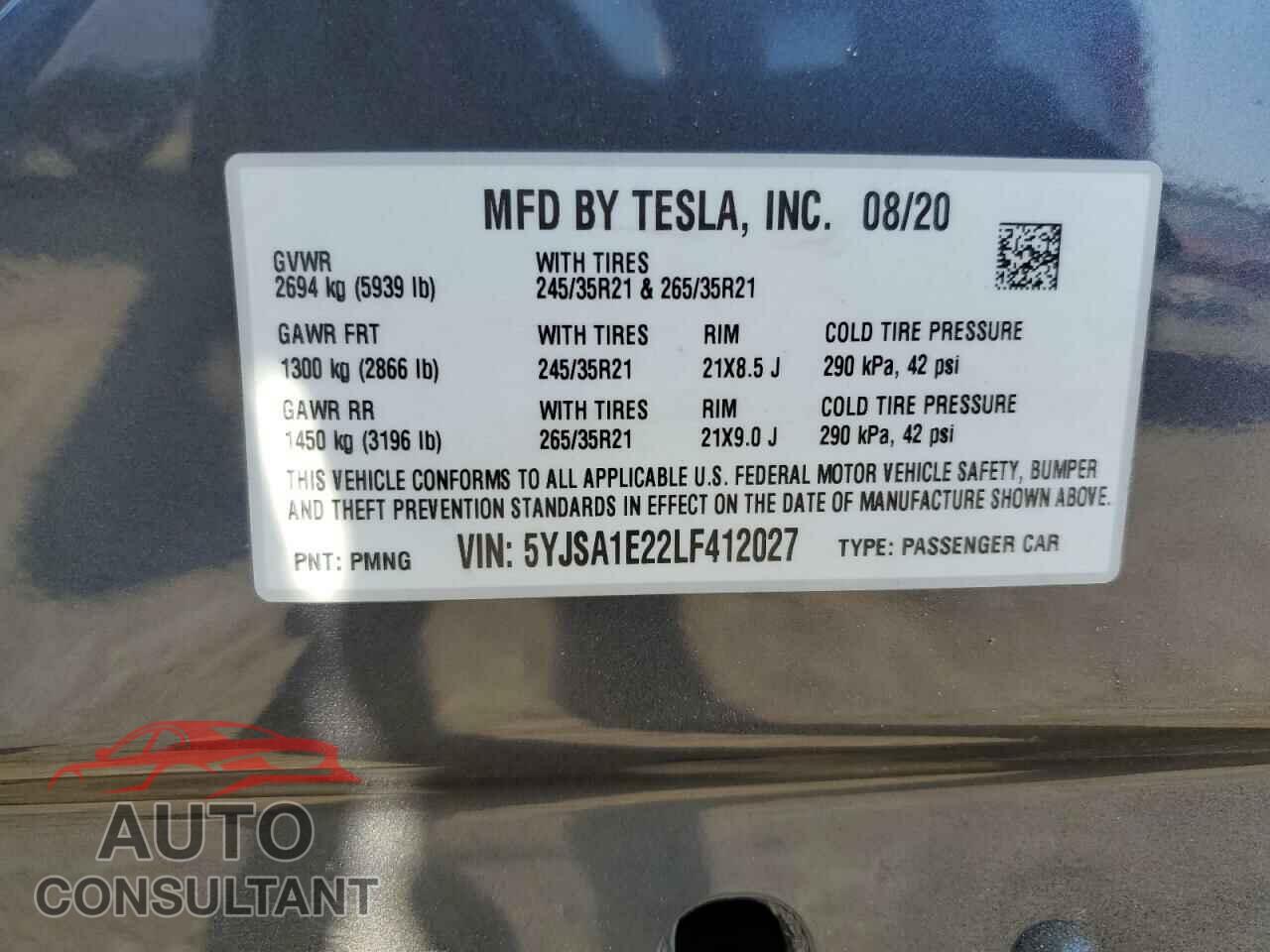 TESLA MODEL S 2020 - 5YJSA1E22LF412027