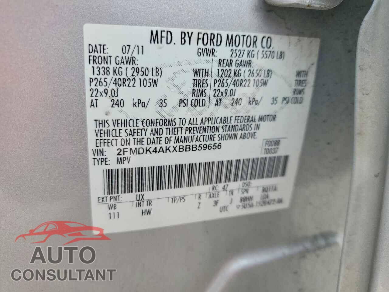 FORD EDGE 2011 - 2FMDK4AKXBBB59656