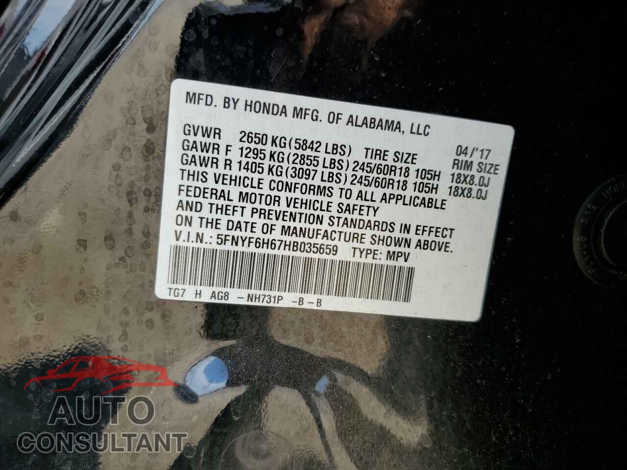 HONDA PILOT 2017 - 5FNYF6H67HB035659