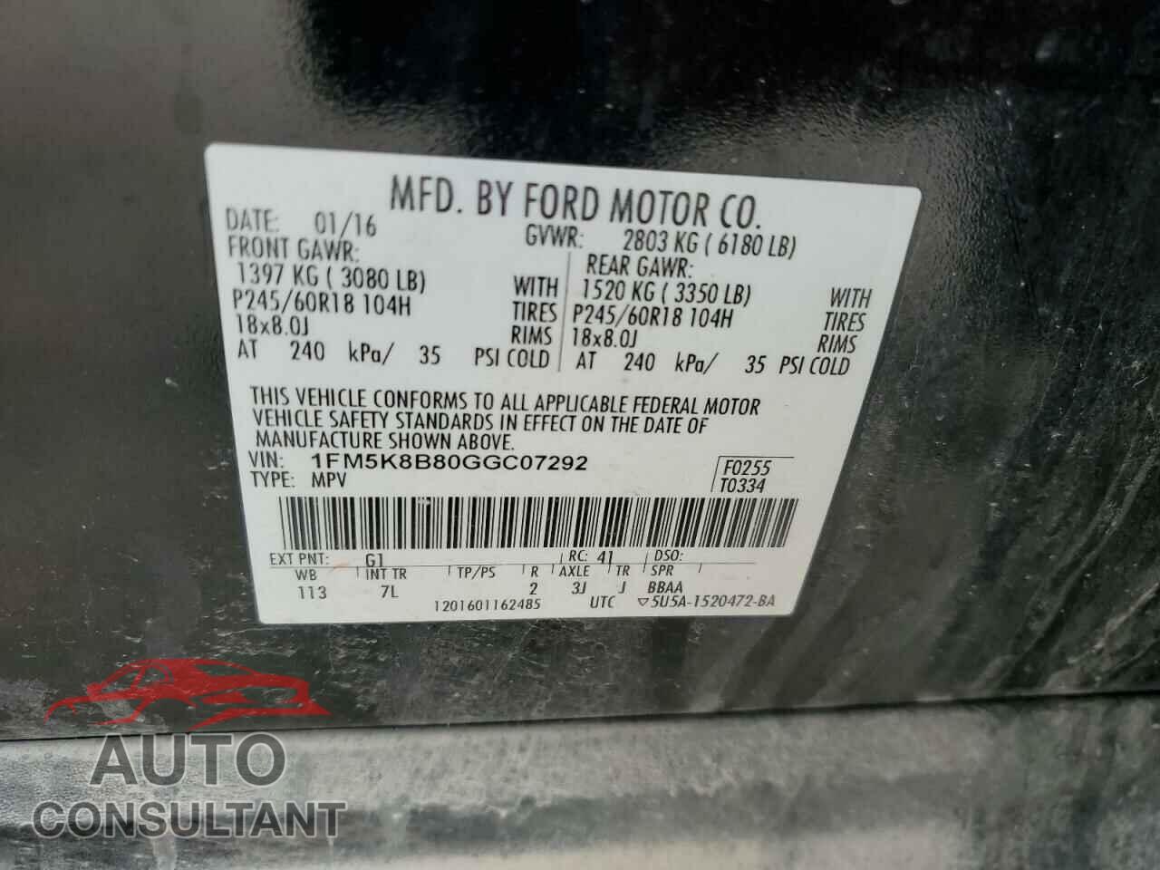 FORD EXPLORER 2016 - 1FM5K8B80GGC07292