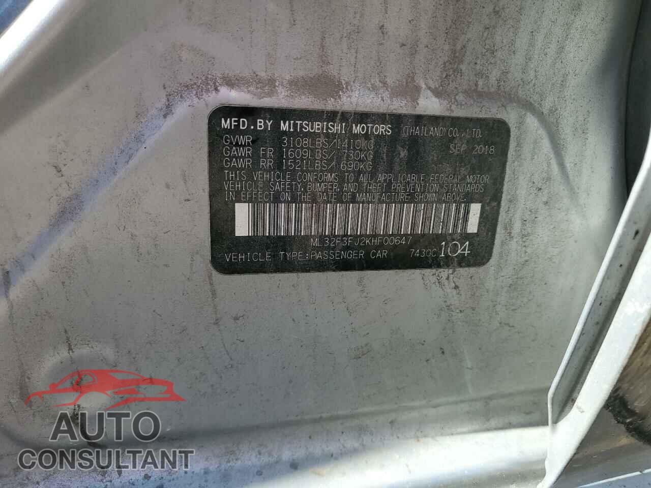 MITSUBISHI MIRAGE 2019 - ML32F3FJ2KHF00647