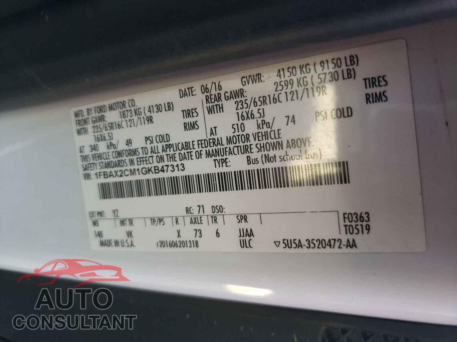 FORD TRANSIT CO 2016 - 1FBAX2CM1GKB47313