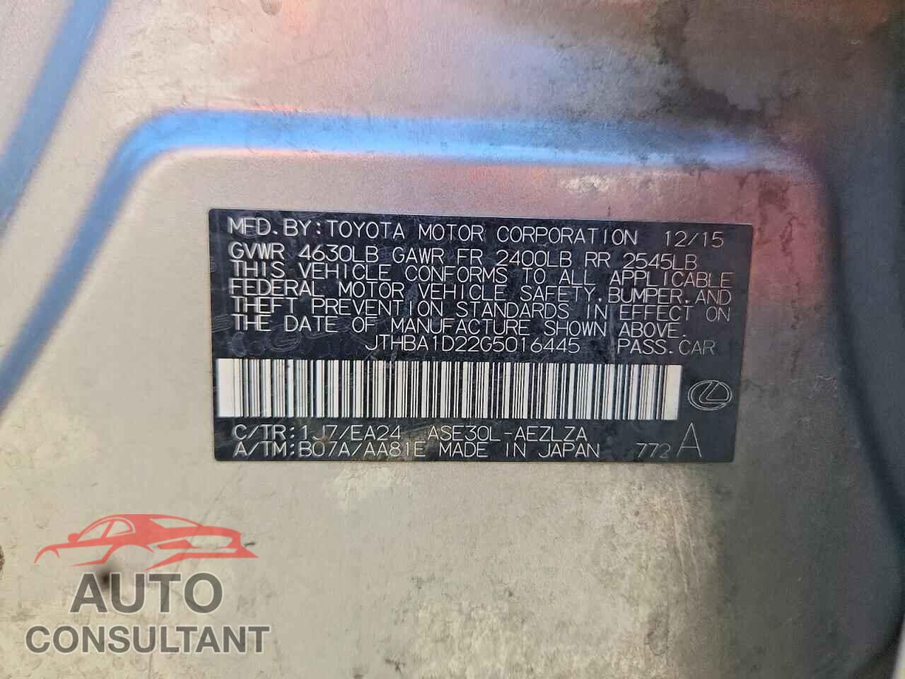 LEXUS IS 2016 - JTHBA1D22G5016445