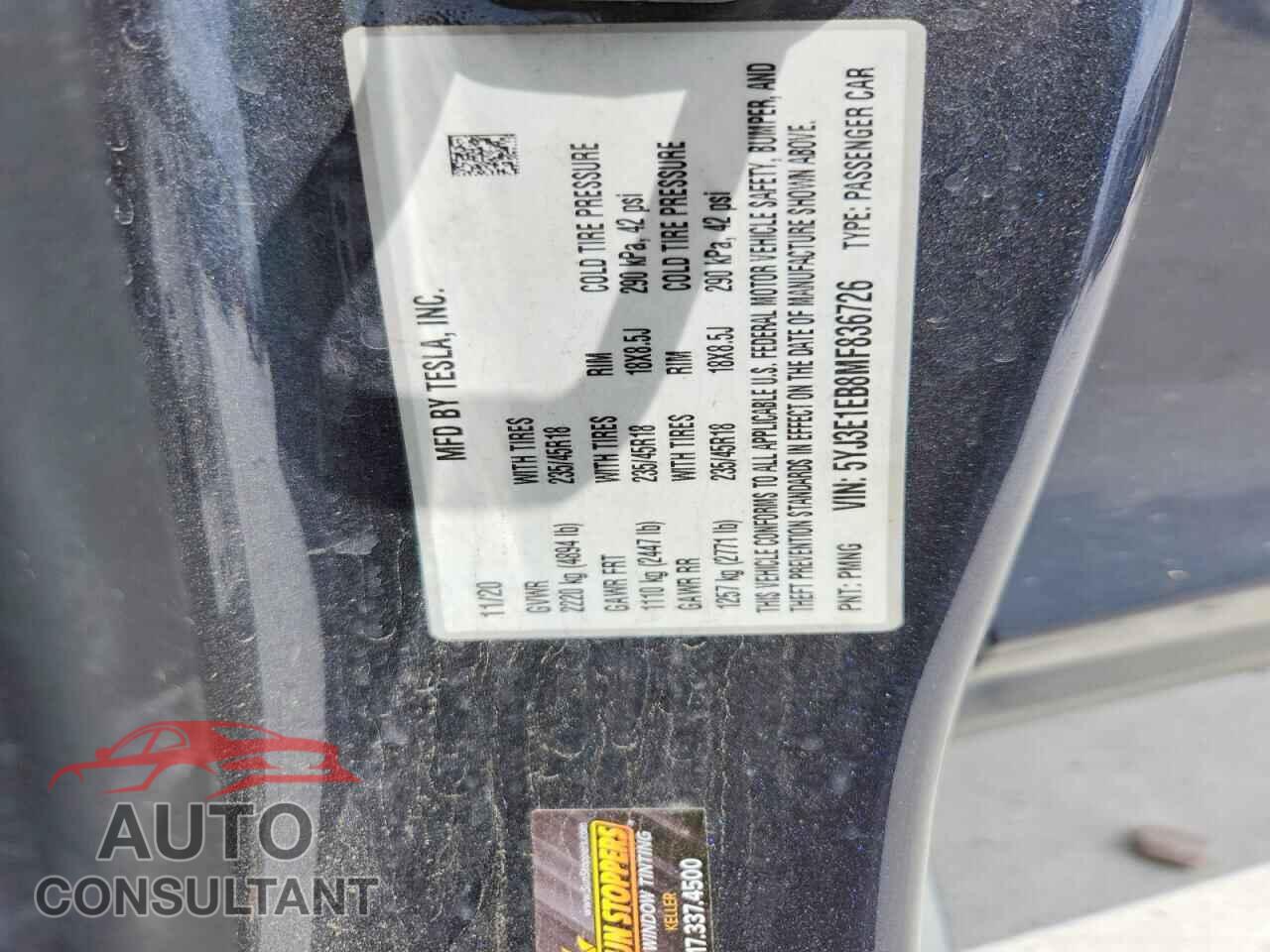 TESLA MODEL 3 2021 - 5YJ3E1EB8MF836726