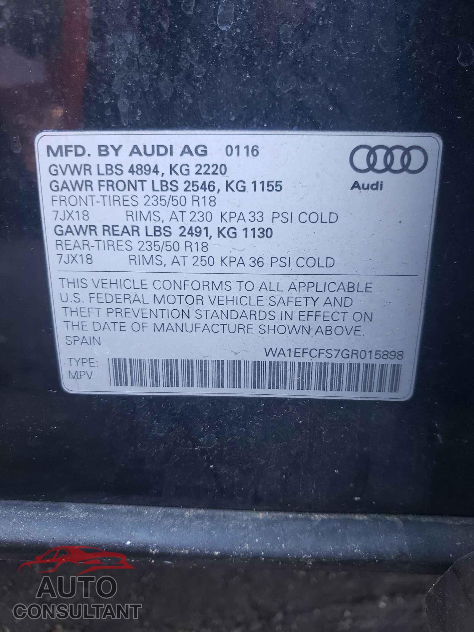AUDI Q3 2016 - WA1EFCFS7GR015898