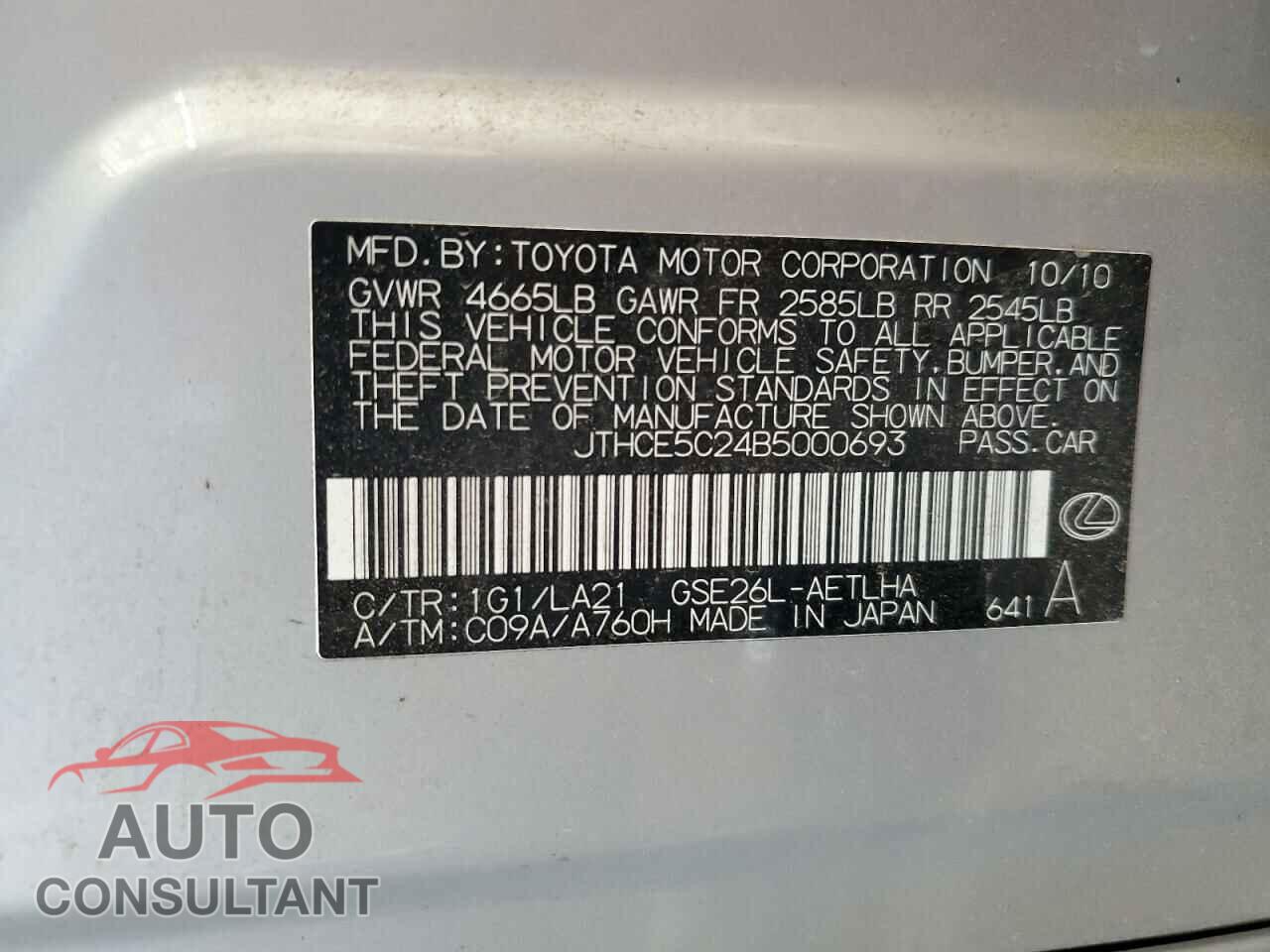 LEXUS IS 2011 - JTHCE5C24B5000693