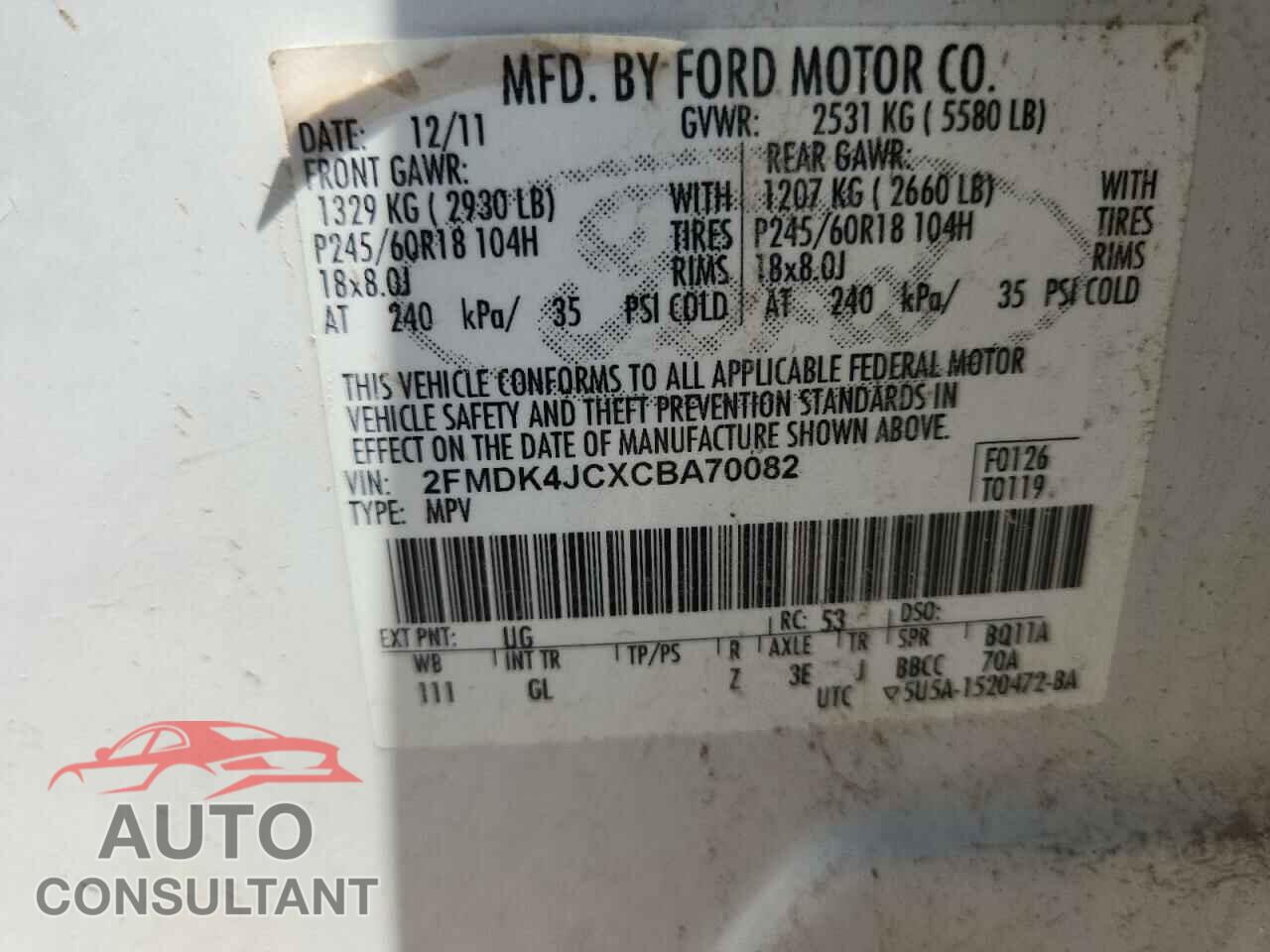 FORD EDGE 2012 - 2FMDK4JCXCBA70082