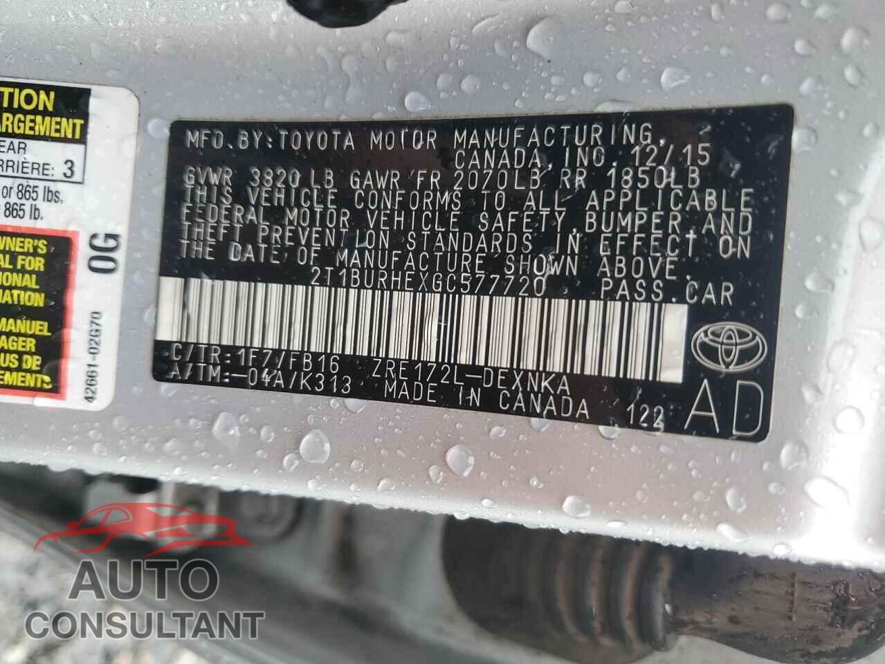 TOYOTA COROLLA 2016 - 2T1BURHEXGC577720