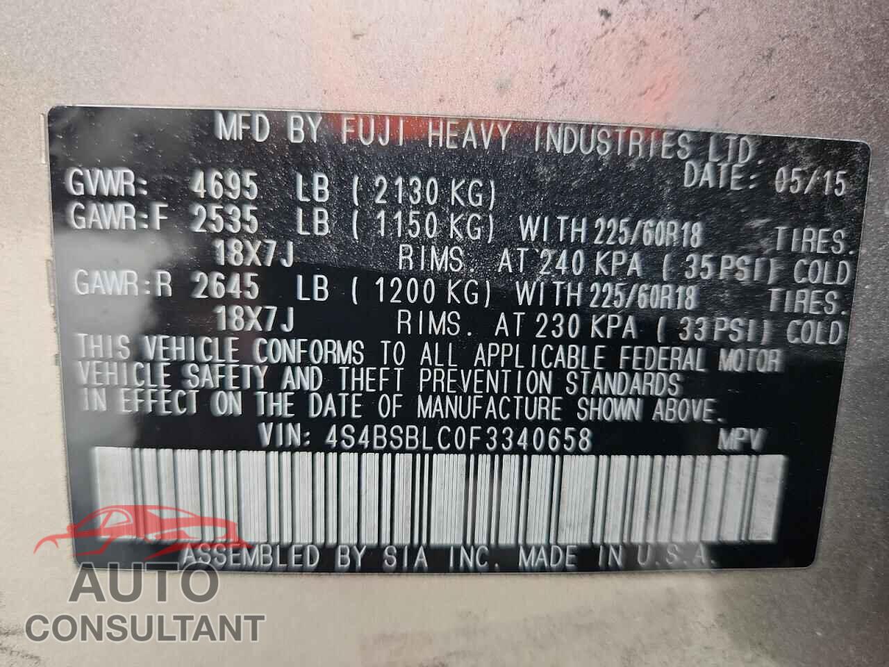 SUBARU OUTBACK 2015 - 4S4BSBLC0F3340658