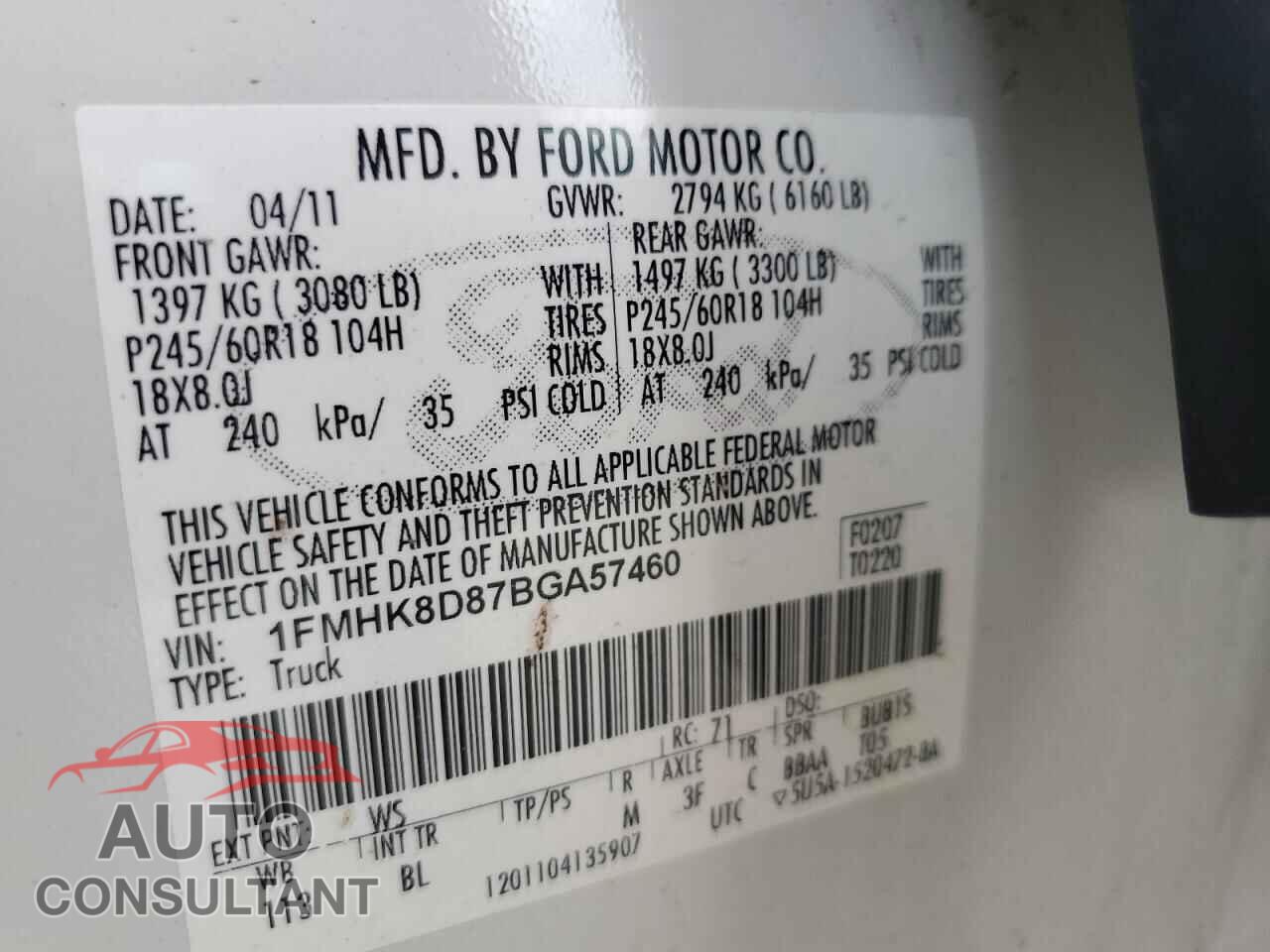 FORD EXPLORER 2011 - 1FMHK8D87BGA57460