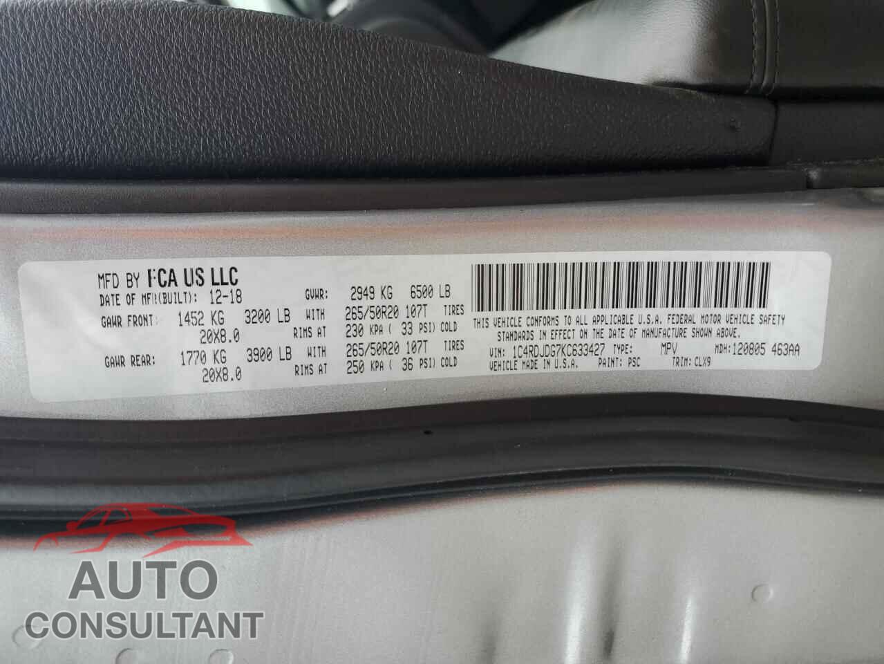 DODGE DURANGO 2019 - 1C4RDJDG7KC633427