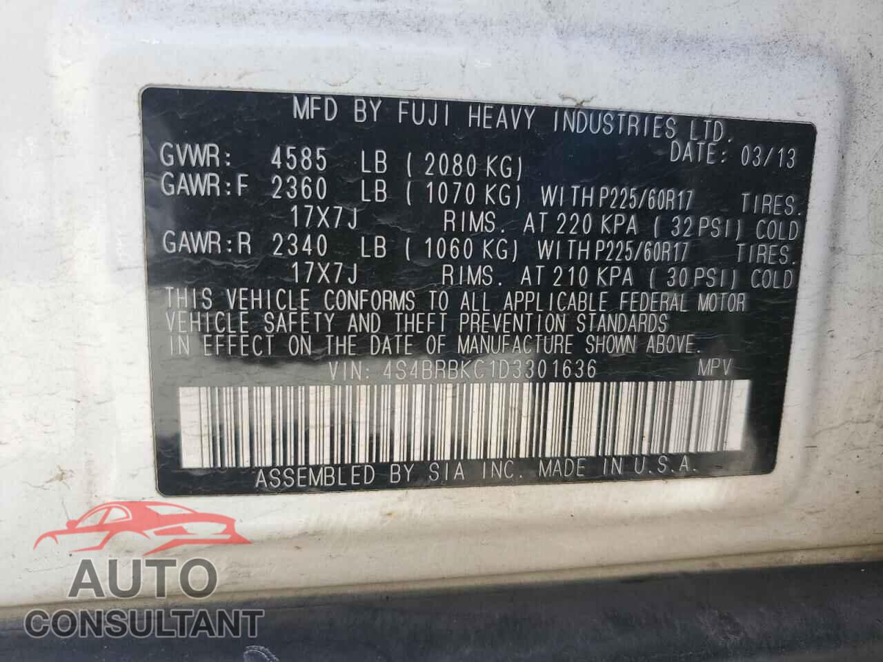 SUBARU OUTBACK 2013 - 4S4BRBKC1D3301636