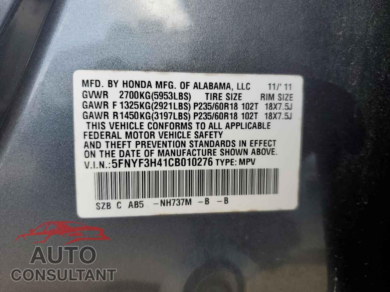 HONDA PILOT 2012 - 5FNYF3H41CB010276
