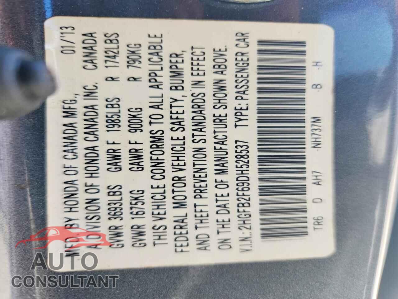 HONDA CIVIC 2013 - 2HGFB2F69DH528537