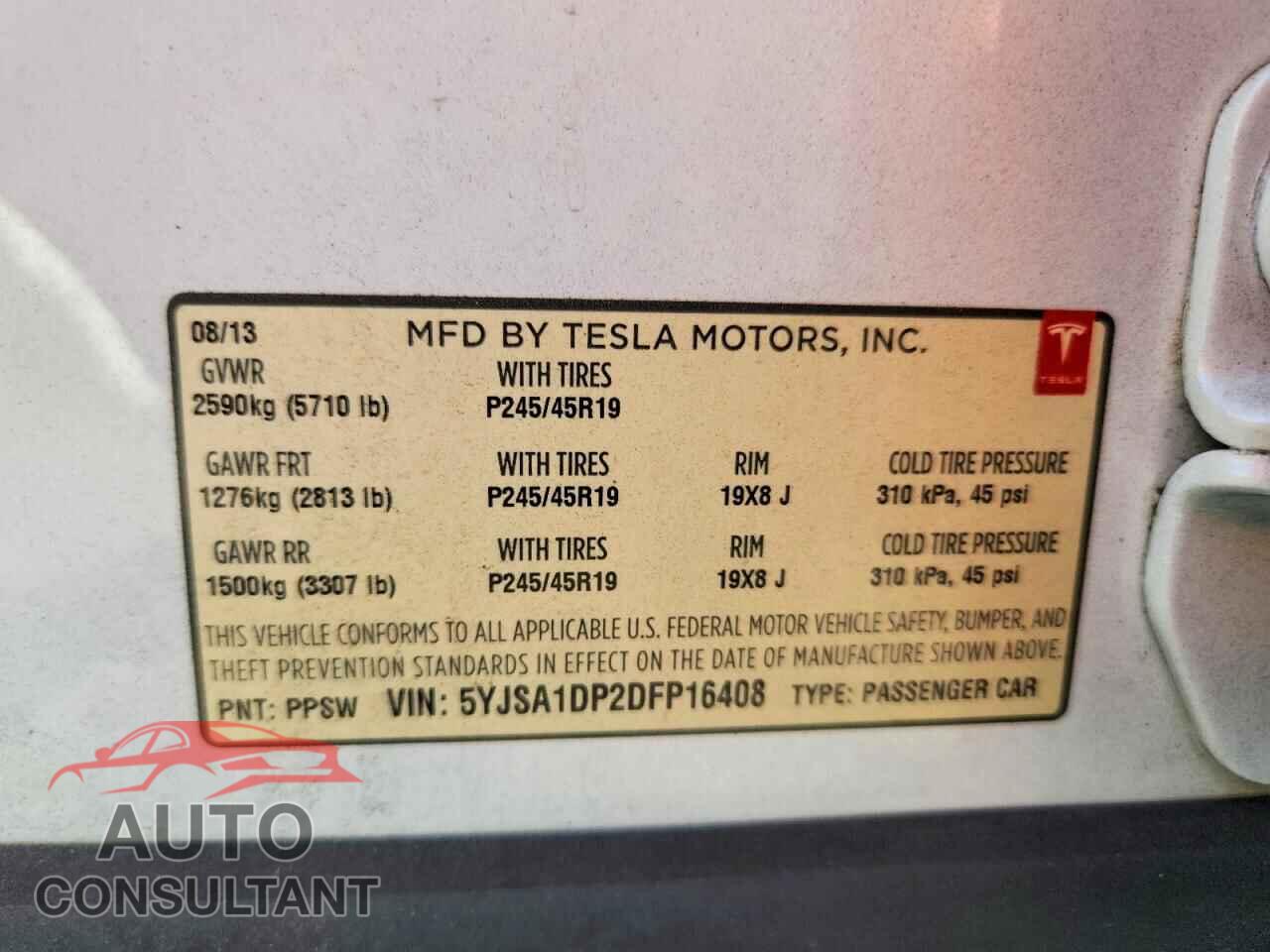 TESLA MODEL S 2013 - 5YJSA1DP2DFP16408